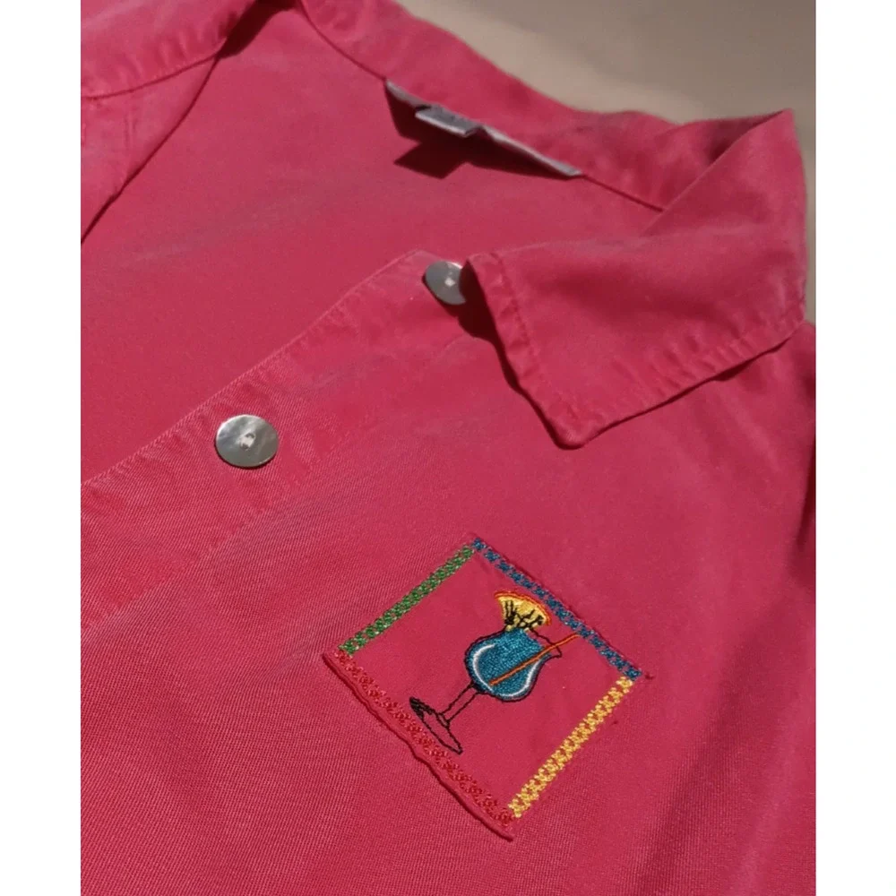 AKS by Amy K Su Embroidered Cocktail Coral Women's Button Up Large Lyocell Top
